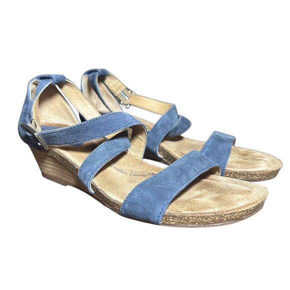 Sofft Blue Suede Wedge Sandals Size 7 Comfort Cushioned Footbed Strappy denim - Picture 1 of 9